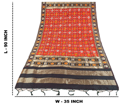 Sanskriti Vintage Dupatta/Stole Red Art Silk Patan Patola Hand Woven Gujrat Veil