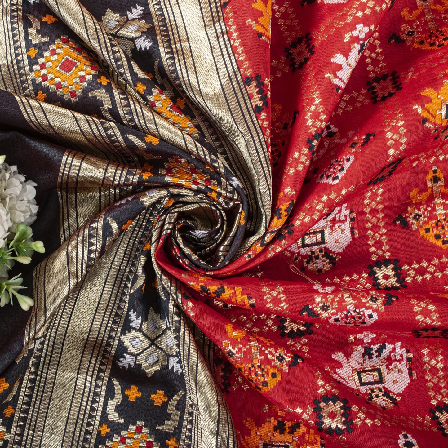Sanskriti Vintage Dupatta/Stole Red Art Silk Patan Patola Hand Woven Gujrat Veil
