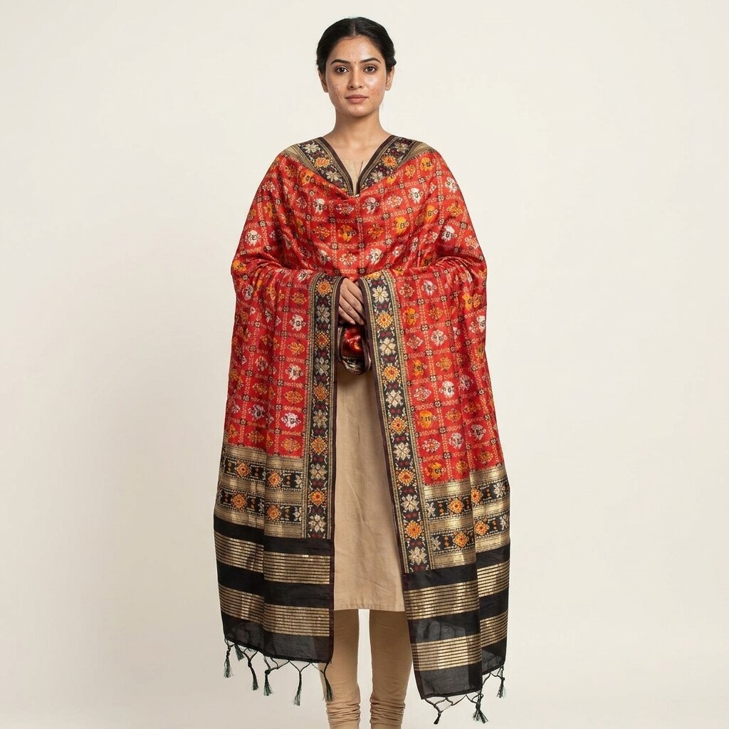 Sanskriti Vintage Dupatta/Stole Red Art Silk Patan Patola Hand Woven Gujrat Veil