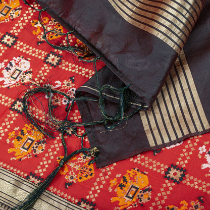 Sanskriti Vintage Dupatta/Stole Red Art Silk Patan Patola Hand Woven Gujrat Veil