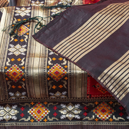 Sanskriti Vintage Dupatta/Stole Red Art Silk Patan Patola Hand Woven Gujrat Veil