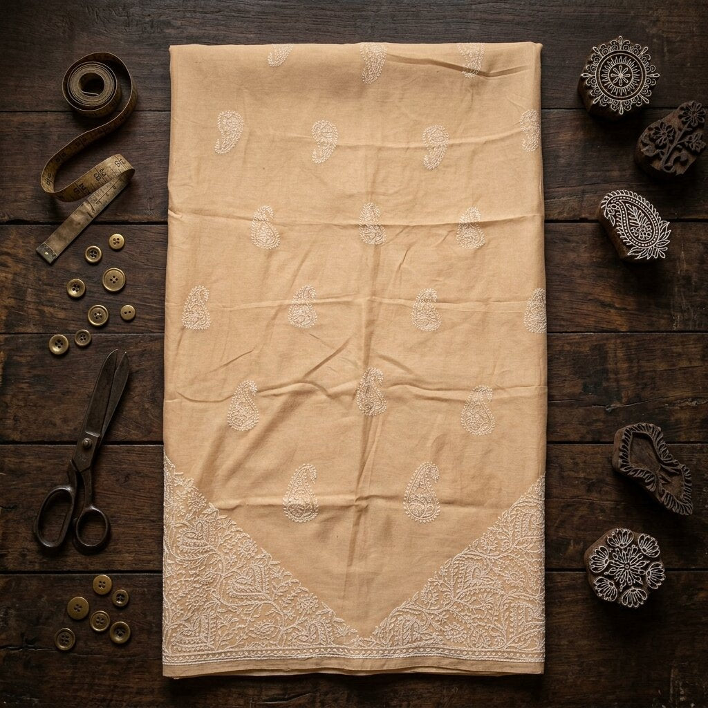 Sanskriti Vintage Dupatta/Stole Peach Pure Cotton Hand Embroidered Chikankari