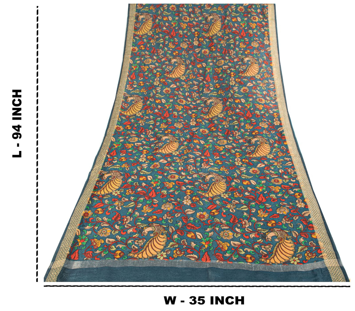 Sanskriti Vintage Dupatta/Stole Blue Pure Silk Handmade Kalamkari Peacock Veil