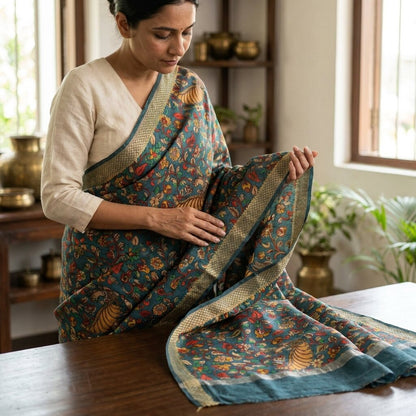 Sanskriti Vintage Dupatta/Stole Blue Pure Silk Handmade Kalamkari Peacock Veil
