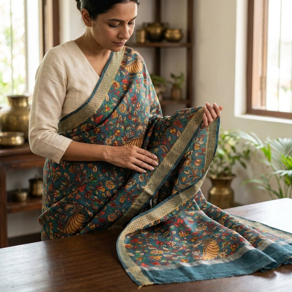 Sanskriti Vintage Dupatta/Stole Blue Pure Silk Handmade Kalamkari Peacock Veil