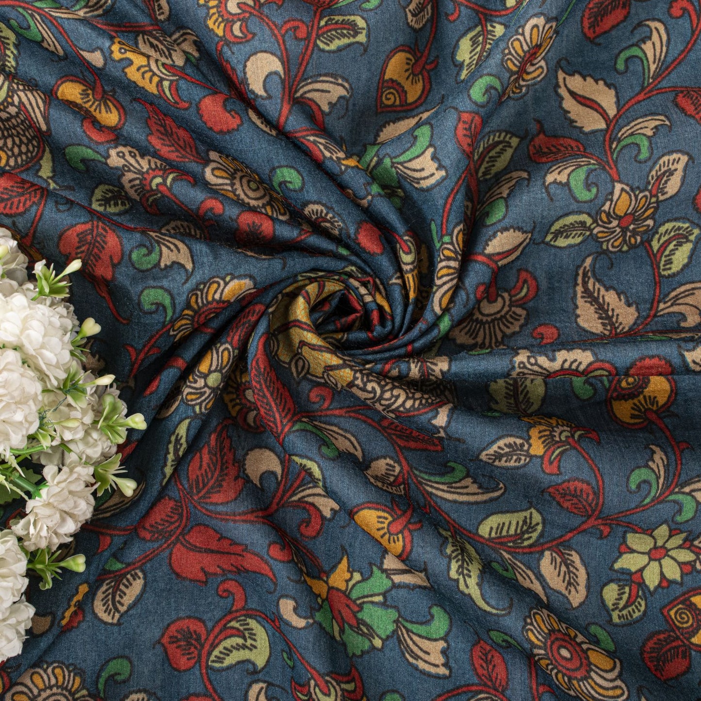 Sanskriti Vintage Dupatta/Stole Blue Pure Silk Handmade Kalamkari Peacock Veil