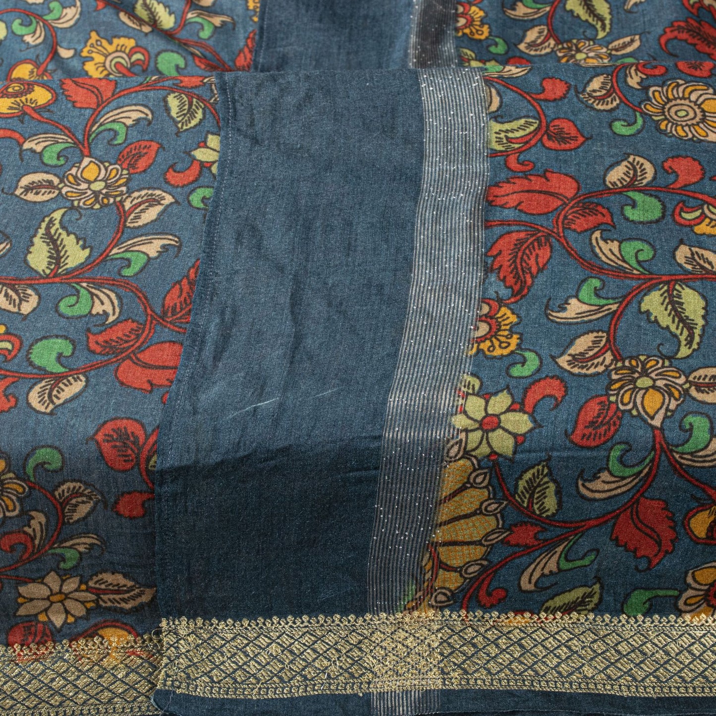 Sanskriti Vintage Dupatta/Stole Blue Pure Silk Handmade Kalamkari Peacock Veil