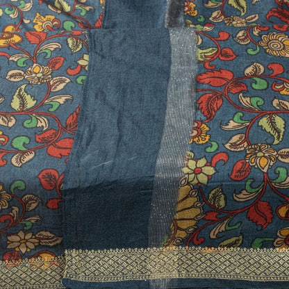 Sanskriti Vintage Dupatta/Stole Blue Pure Silk Handmade Kalamkari Peacock Veil