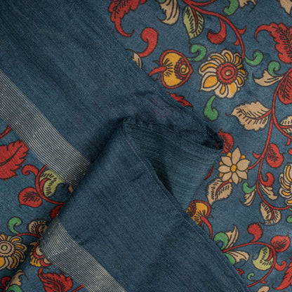 Sanskriti Vintage Dupatta/Stole Blue Pure Silk Handmade Kalamkari Peacock Veil