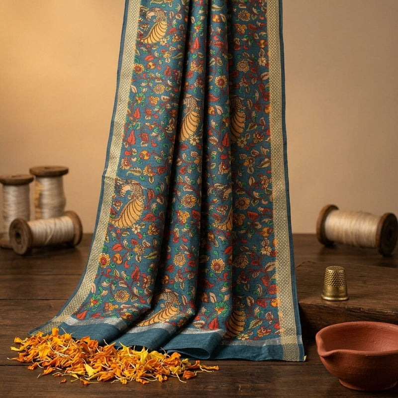 Sanskriti Vintage Dupatta/Stole Blue Pure Silk Handmade Kalamkari Peacock Veil