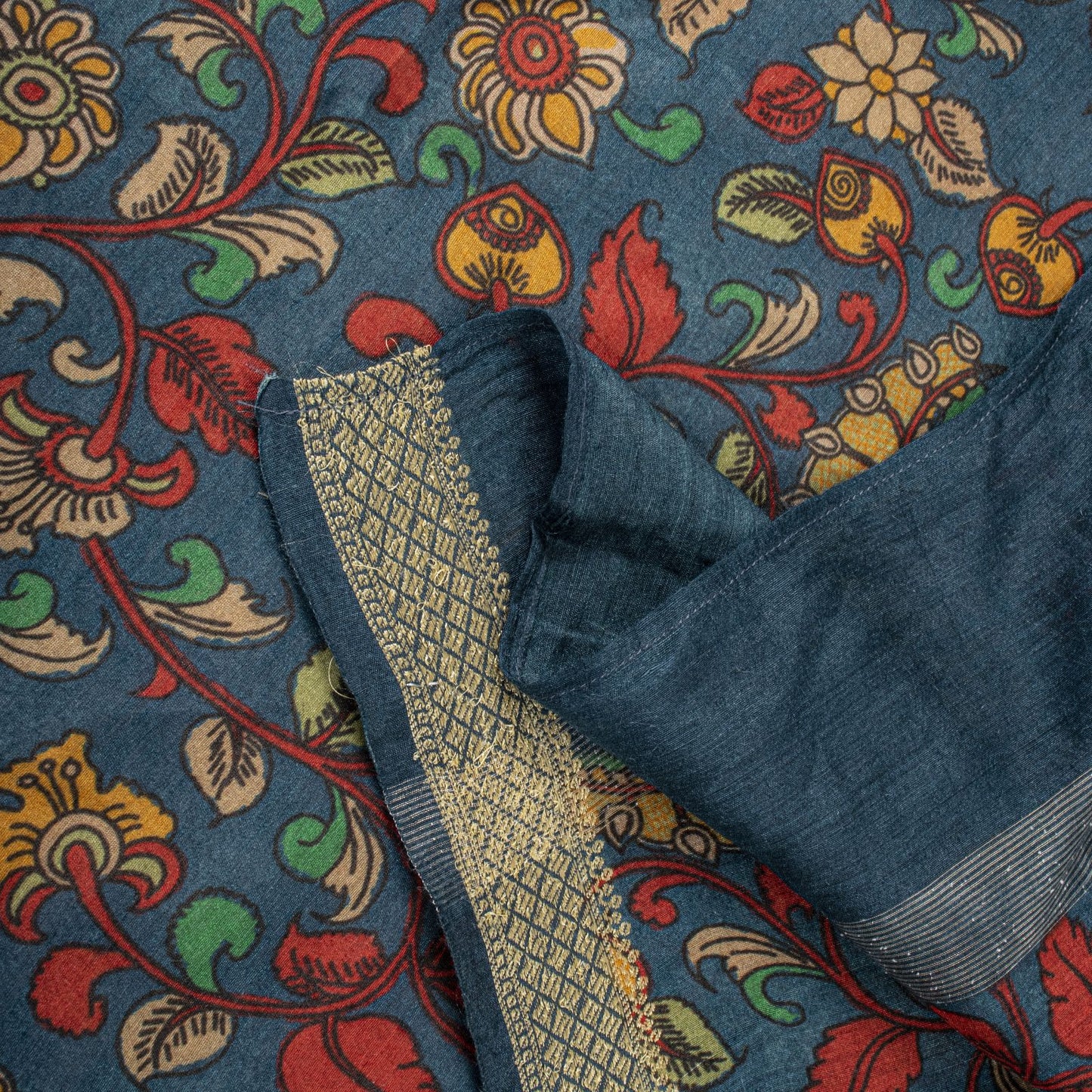 Sanskriti Vintage Dupatta/Stole Blue Pure Silk Handmade Kalamkari Peacock Veil