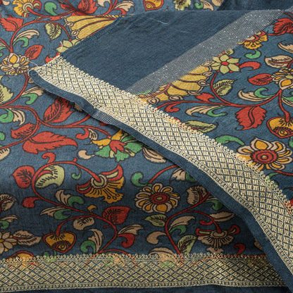Sanskriti Vintage Dupatta/Stole Blue Pure Silk Handmade Kalamkari Peacock Veil