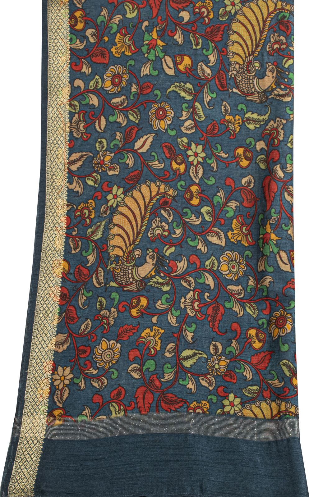 Sanskriti Vintage Dupatta/Stole Blue Pure Silk Handmade Kalamkari Peacock Veil