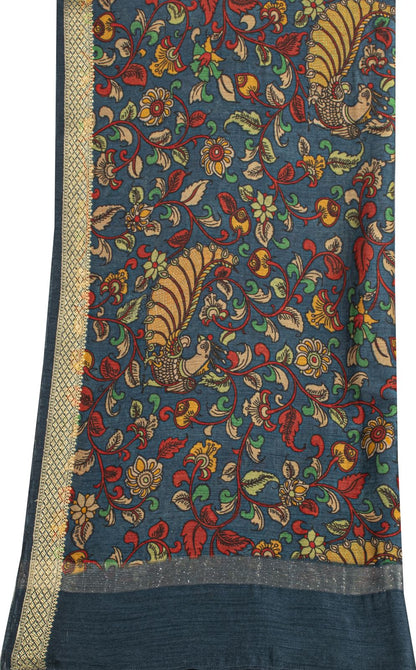 Sanskriti Vintage Dupatta/Stole Blue Pure Silk Handmade Kalamkari Peacock Veil