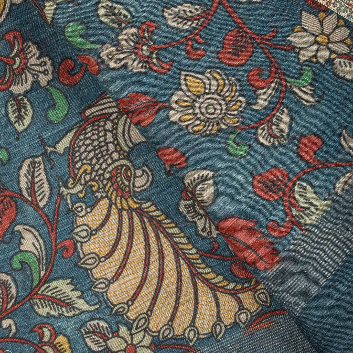 Sanskriti Vintage Dupatta/Stole Blue Pure Silk Handmade Kalamkari Peacock Veil