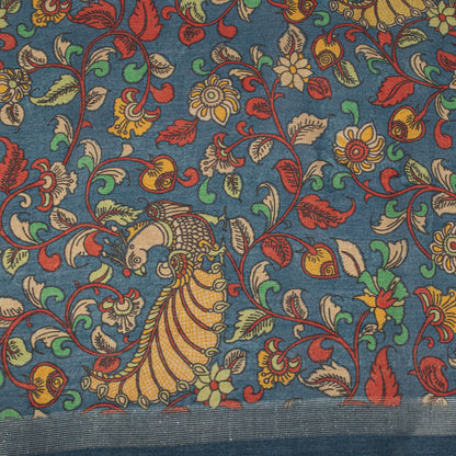 Sanskriti Vintage Dupatta/Stole Blue Pure Silk Handmade Kalamkari Peacock Veil