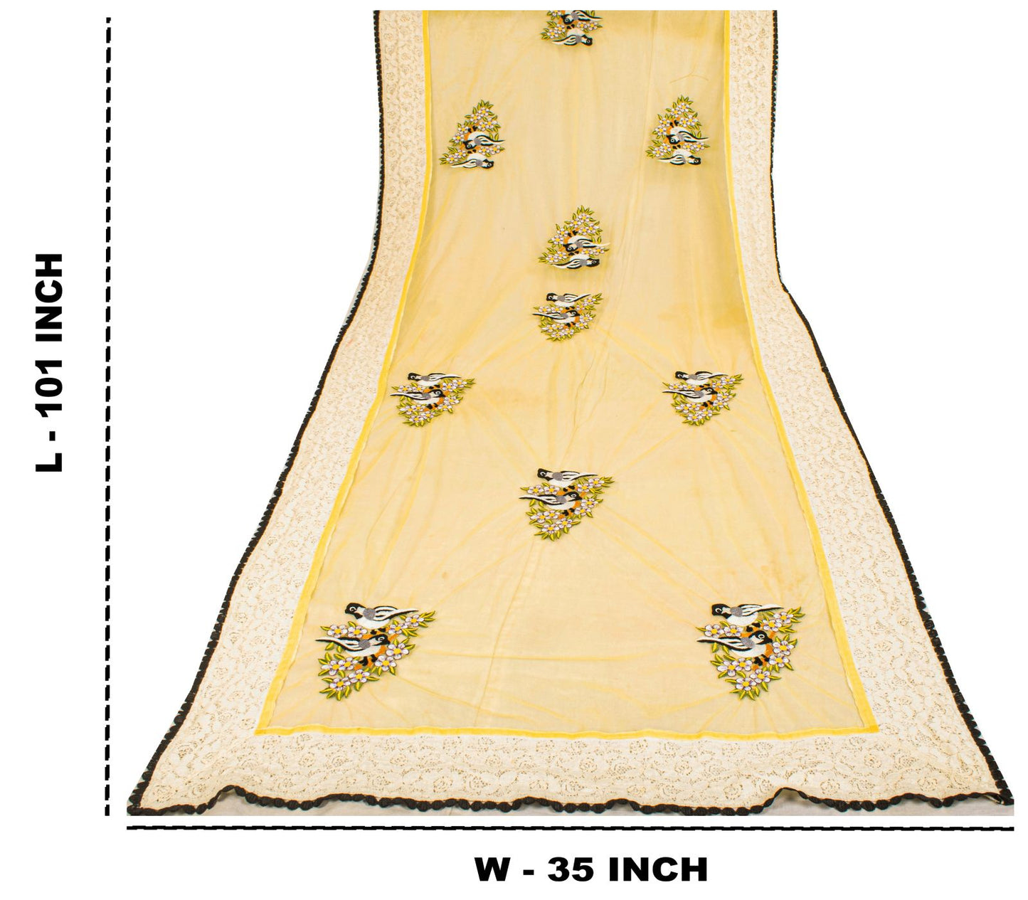 Sanskriti Vintage Dupatta/Stole Yellow Net Hand Embroidered Birds-Lace Work Veil