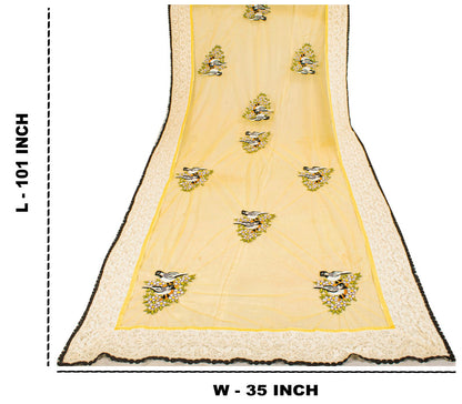 Sanskriti Vintage Dupatta/Stole Yellow Net Hand Embroidered Birds-Lace Work Veil