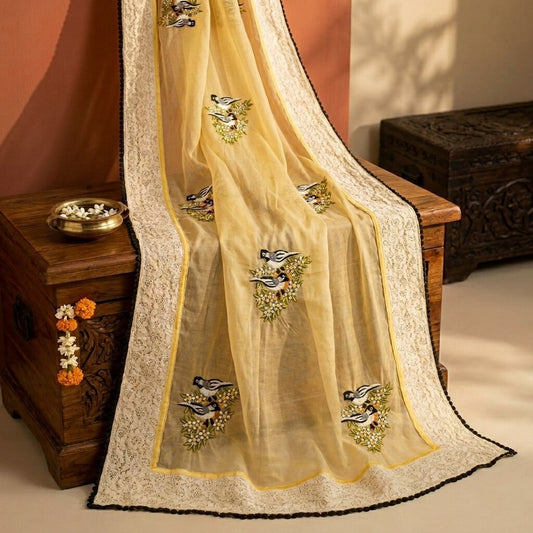 Sanskriti Vintage Dupatta/Stole Yellow Net Hand Embroidered Birds-Lace Work Veil