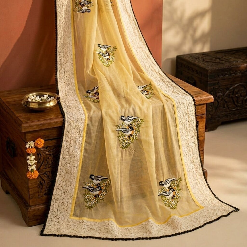 Sanskriti Vintage Dupatta/Stole Yellow Net Hand Embroidered Birds-Lace Work Veil