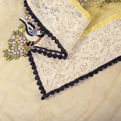 Sanskriti Vintage Dupatta/Stole Yellow Net Hand Embroidered Birds-Lace Work Veil