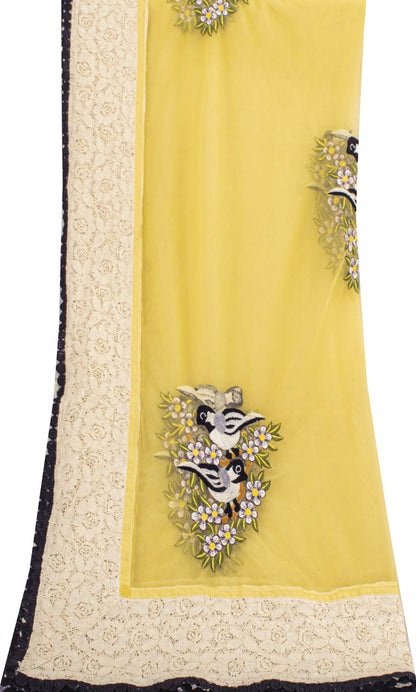 Sanskriti Vintage Dupatta/Stole Yellow Net Hand Embroidered Birds-Lace Work Veil