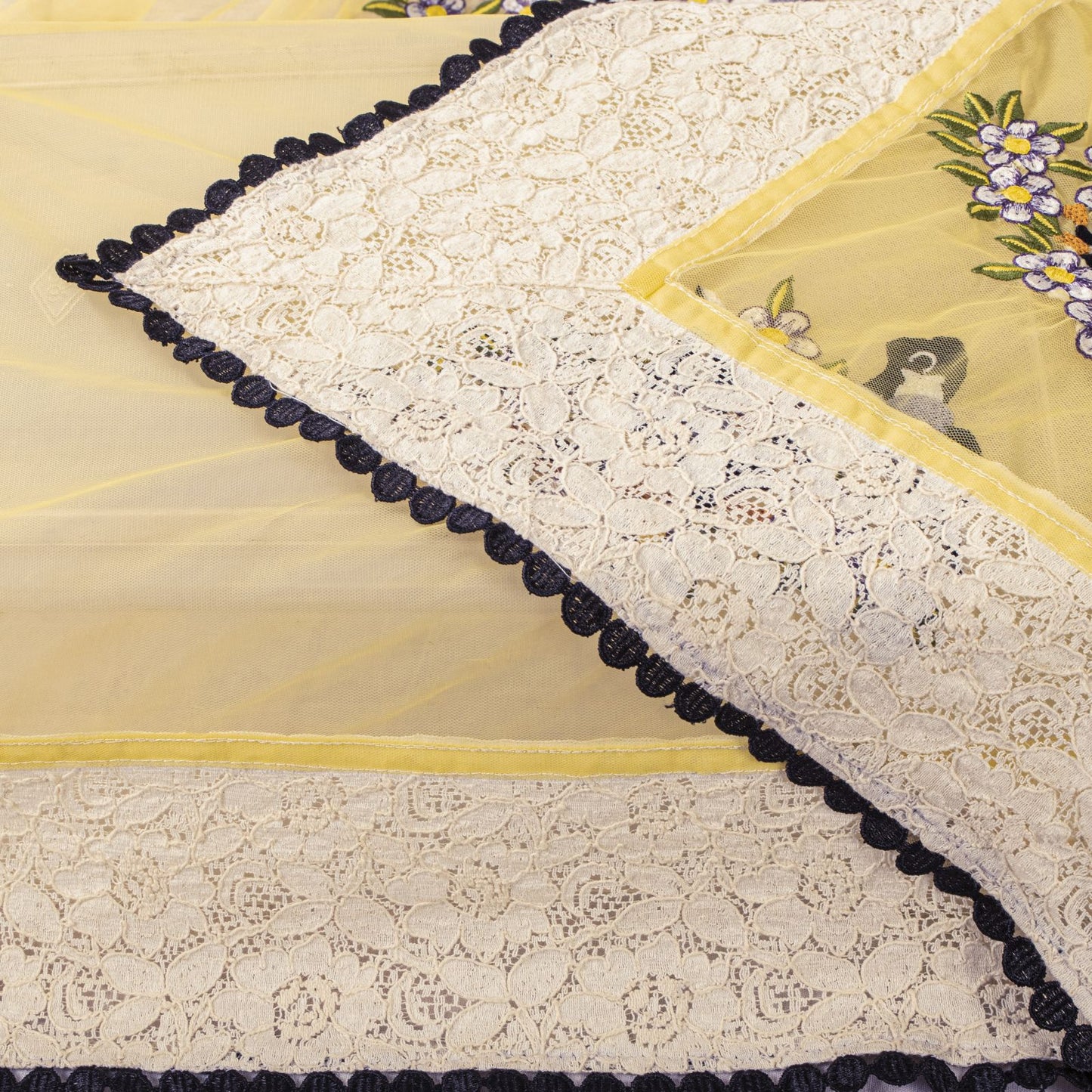 Sanskriti Vintage Dupatta/Stole Yellow Net Hand Embroidered Birds-Lace Work Veil