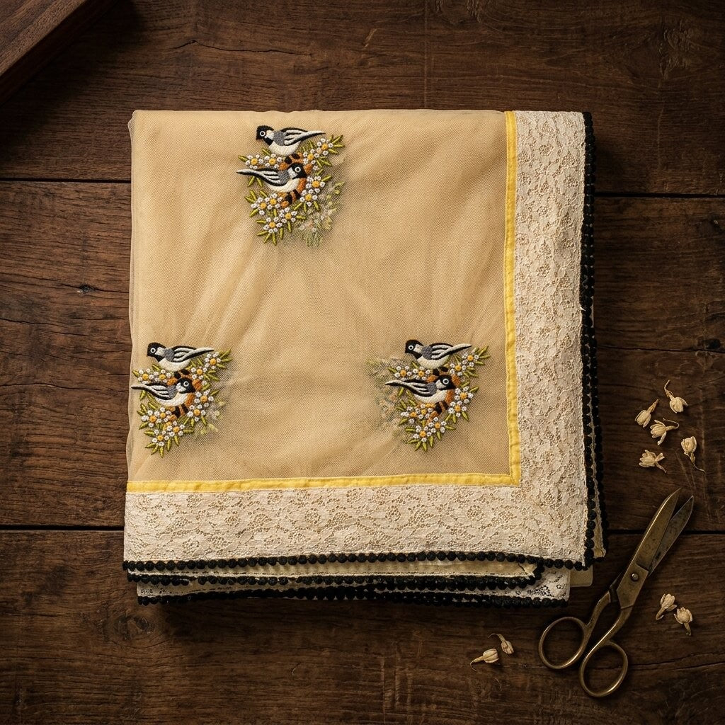 Sanskriti Vintage Dupatta/Stole Yellow Net Hand Embroidered Birds-Lace Work Veil