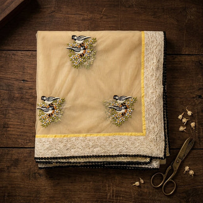 Sanskriti Vintage Dupatta/Stole Yellow Net Hand Embroidered Birds-Lace Work Veil