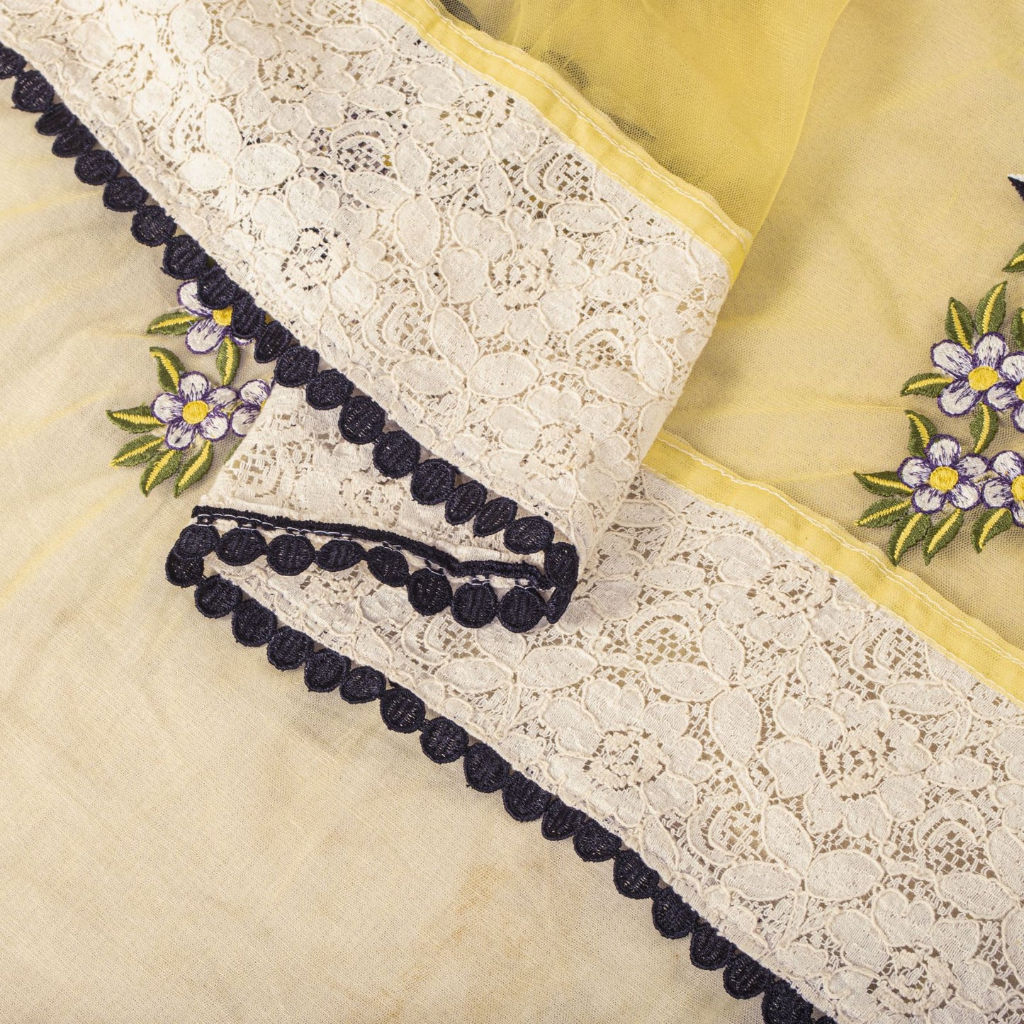 Sanskriti Vintage Dupatta/Stole Yellow Net Hand Embroidered Birds-Lace Work Veil