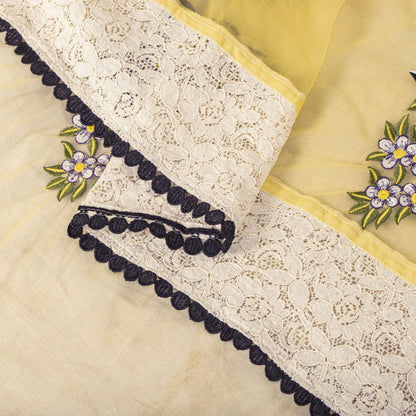 Sanskriti Vintage Dupatta/Stole Yellow Net Hand Embroidered Birds-Lace Work Veil