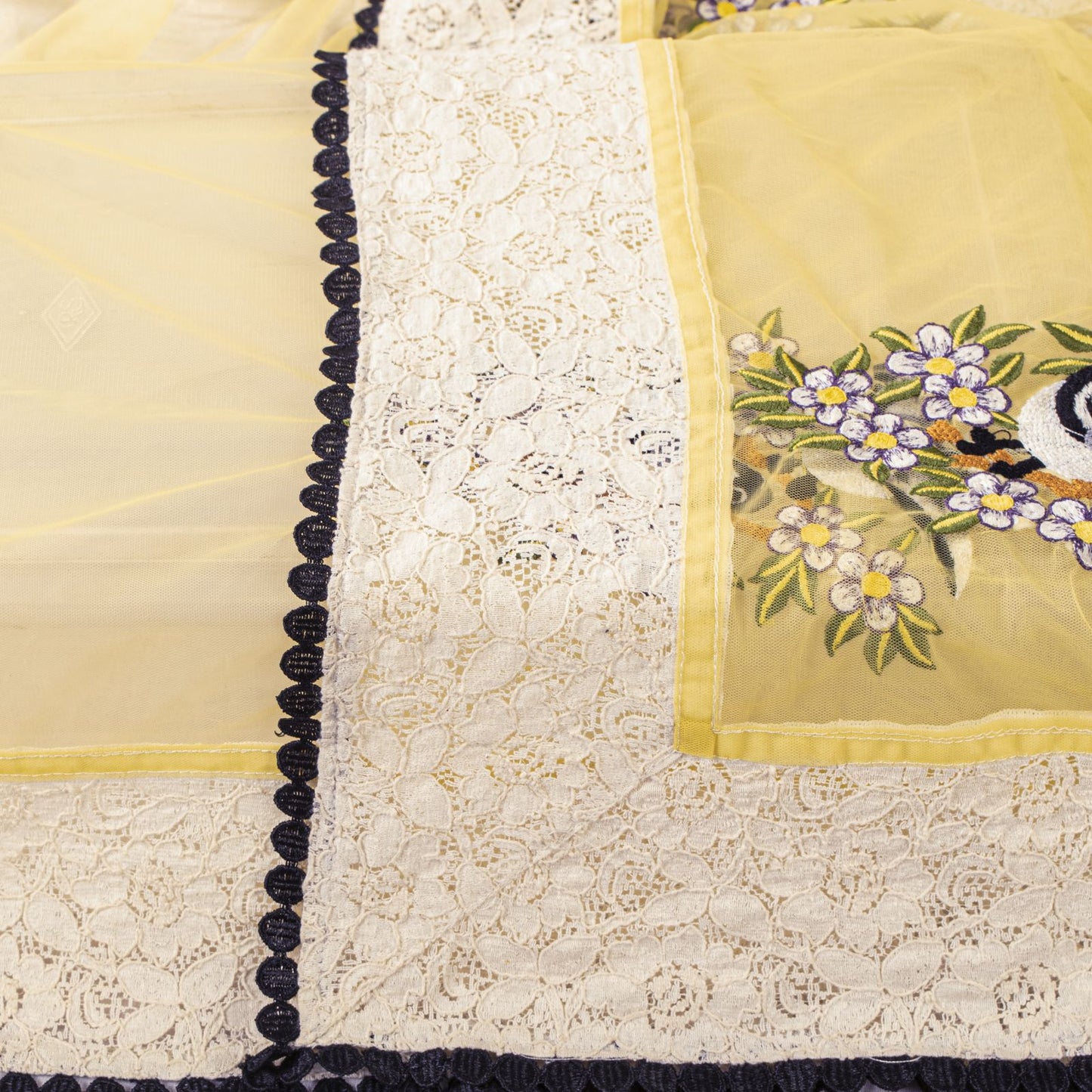 Sanskriti Vintage Dupatta/Stole Yellow Net Hand Embroidered Birds-Lace Work Veil