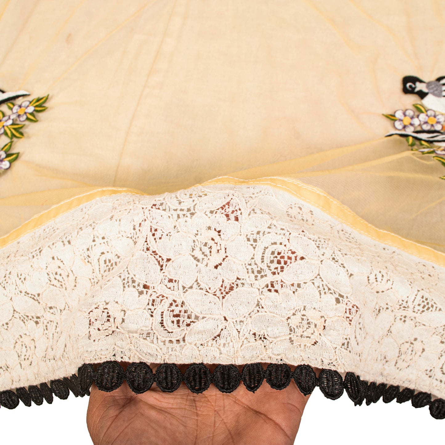 Sanskriti Vintage Dupatta/Stole Yellow Net Hand Embroidered Birds-Lace Work Veil
