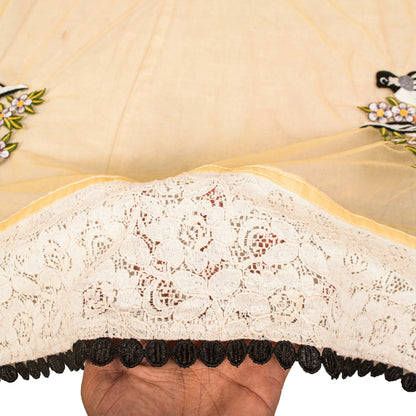 Sanskriti Vintage Dupatta/Stole Yellow Net Hand Embroidered Birds-Lace Work Veil