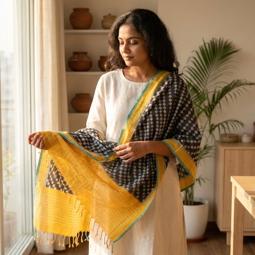 Sanskriti Vintage Dupatta/Stole Black Pure Cotton Patan Patola Ikat Hand Woven