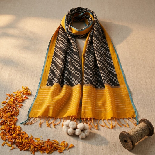 Sanskriti Vintage Dupatta/Stole Black Pure Cotton Patan Patola Ikat Hand Woven