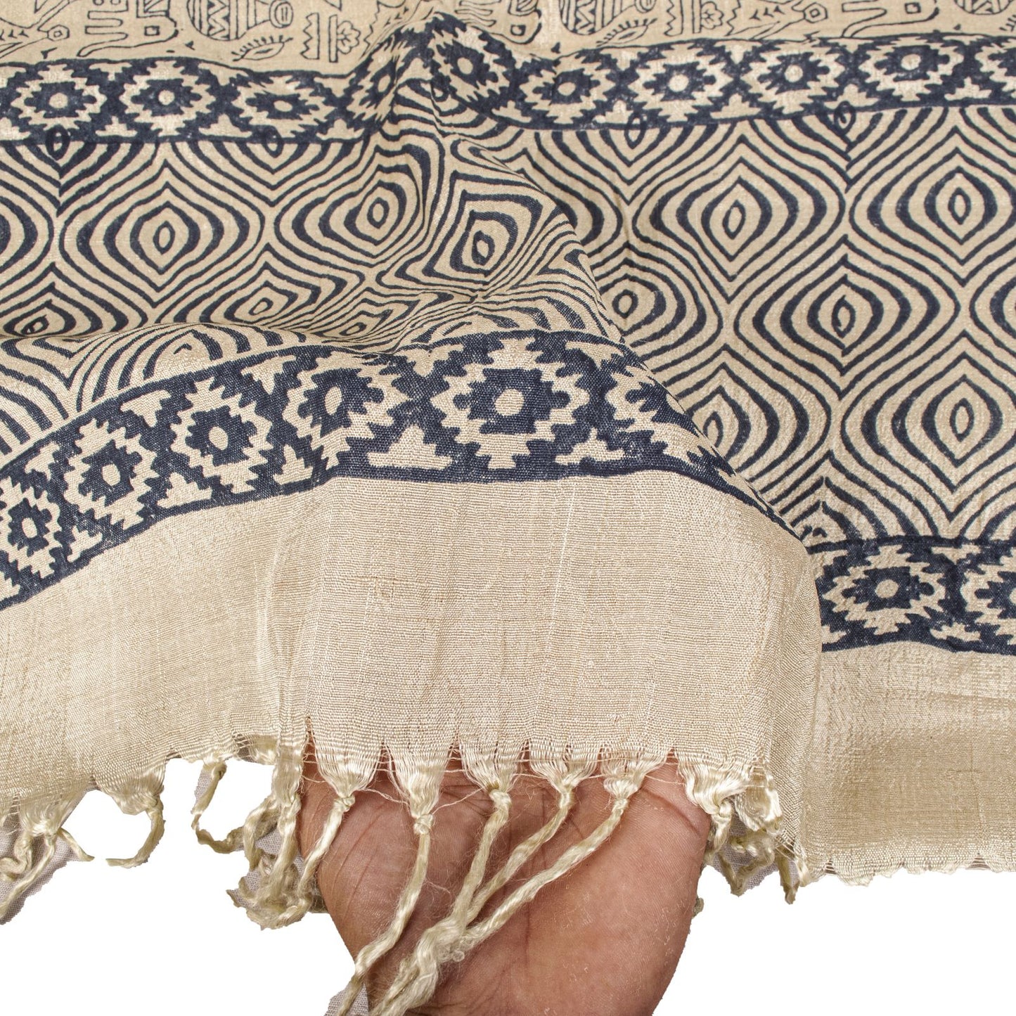 Sanskriti Vintage Dupatta/Stole Off-White Pure Silk Hand Block Print Indian Veil
