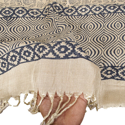 Sanskriti Vintage Dupatta/Stole Off-White Pure Silk Hand Block Print Indian Veil