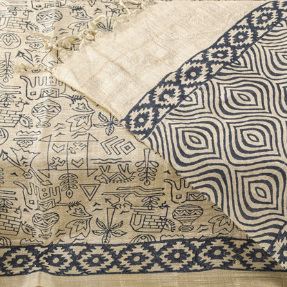 Sanskriti Vintage Dupatta/Stole Off-White Pure Silk Hand Block Print Indian Veil