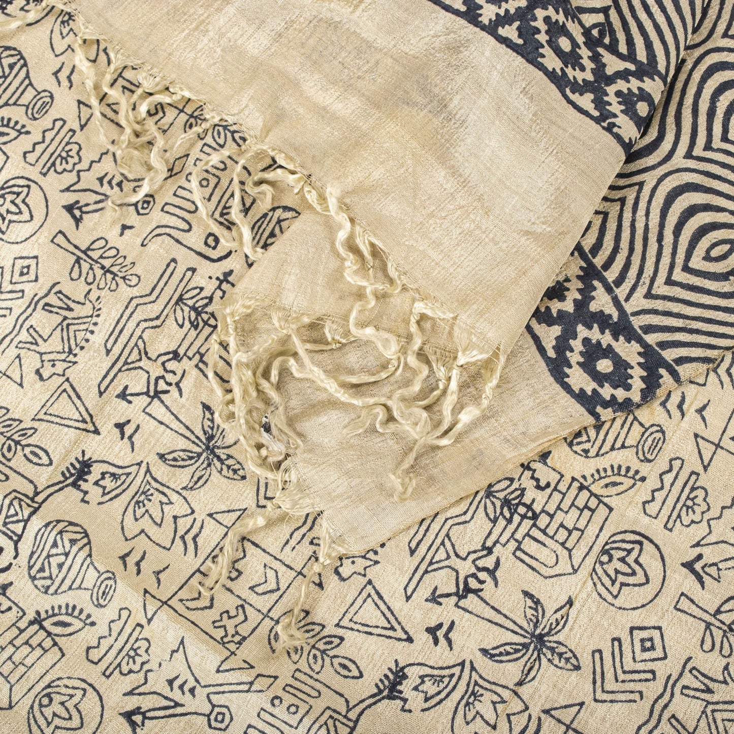 Sanskriti Vintage Dupatta/Stole Off-White Pure Silk Hand Block Print Indian Veil