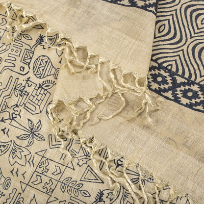 Sanskriti Vintage Dupatta/Stole Off-White Pure Silk Hand Block Print Indian Veil