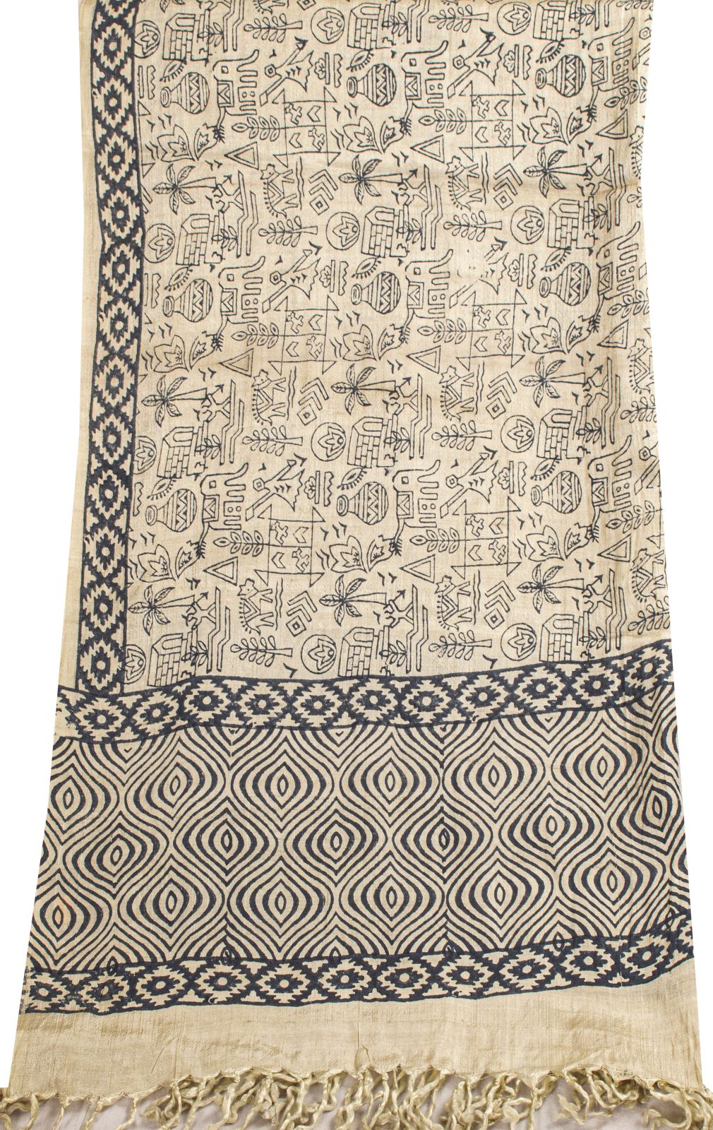 Sanskriti Vintage Dupatta/Stole Off-White Pure Silk Hand Block Print Indian Veil