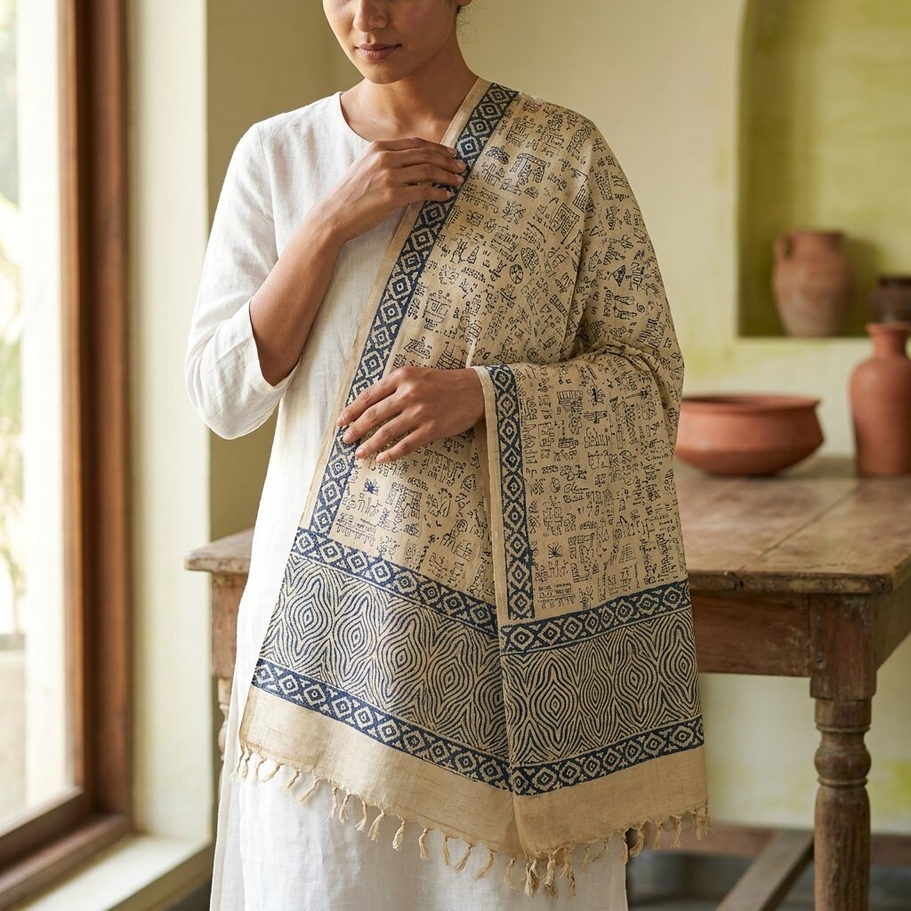 Sanskriti Vintage Dupatta/Stole Off-White Pure Silk Hand Block Print Indian Veil