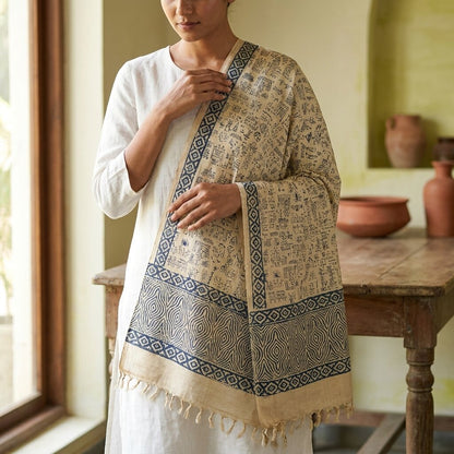 Sanskriti Vintage Dupatta/Stole Off-White Pure Silk Hand Block Print Indian Veil
