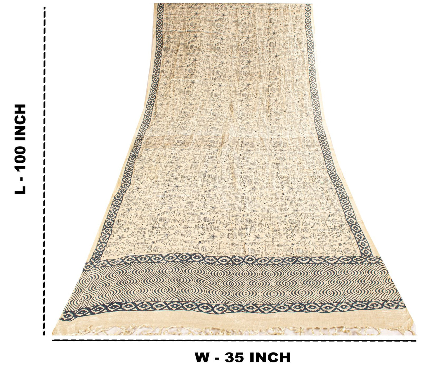 Sanskriti Vintage Dupatta/Stole Off-White Pure Silk Hand Block Print Indian Veil