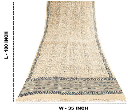 Sanskriti Vintage Dupatta/Stole Off-White Pure Silk Hand Block Print Indian Veil
