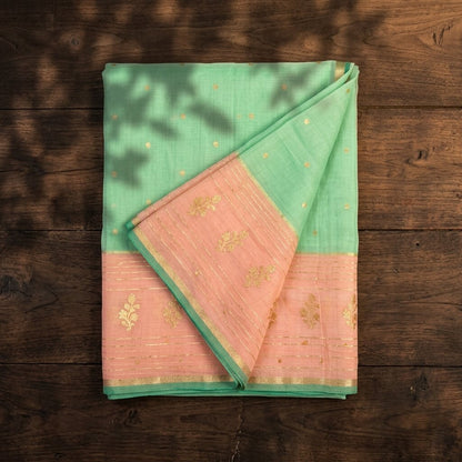 Sanskriti Vintage Dupatta/Stole Green Pure Cotton Silk Chanderi Zari Hand Woven