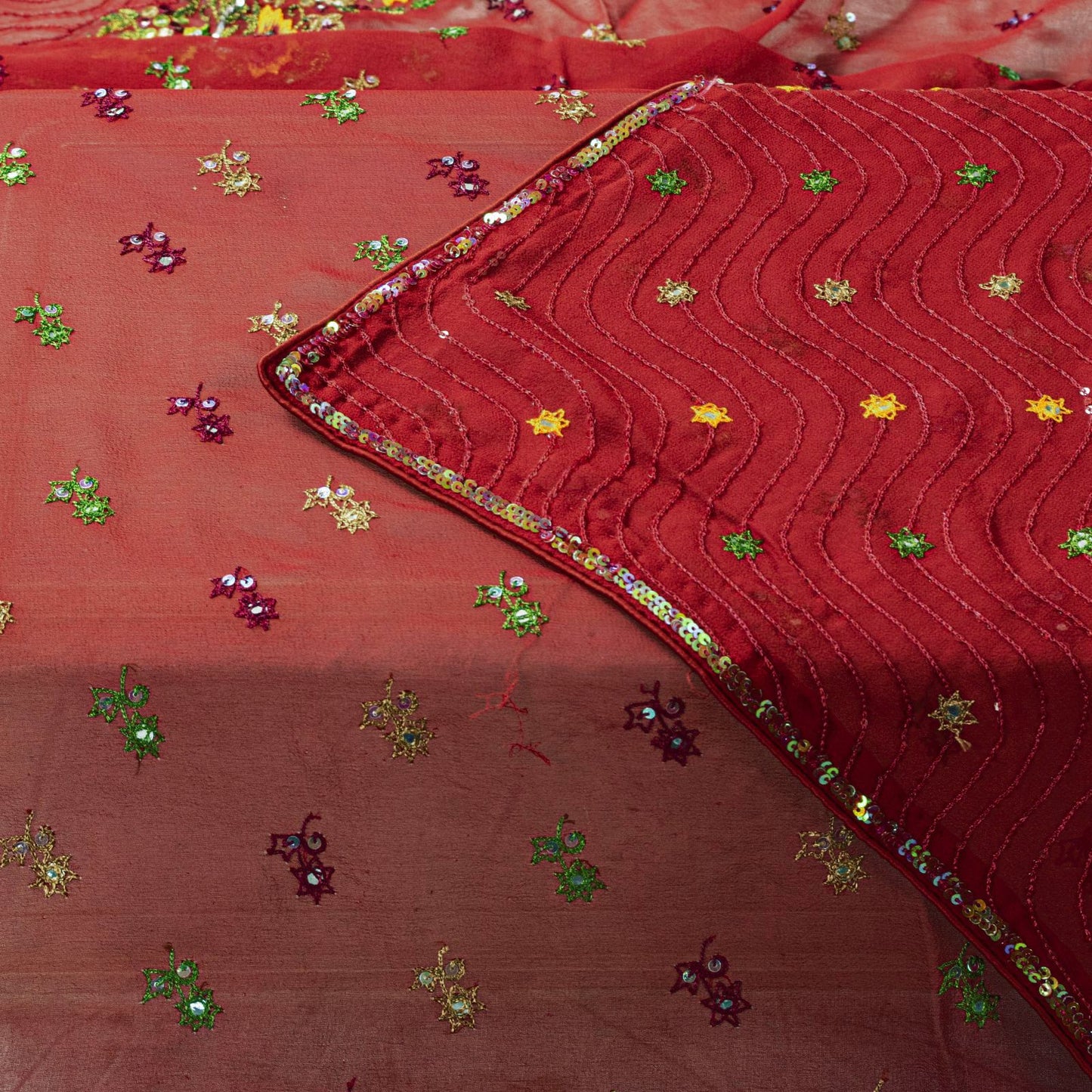 Sanskriti Vintage Red Pure Georgette Silk Dupatta Stole Thread Embroidered Veil