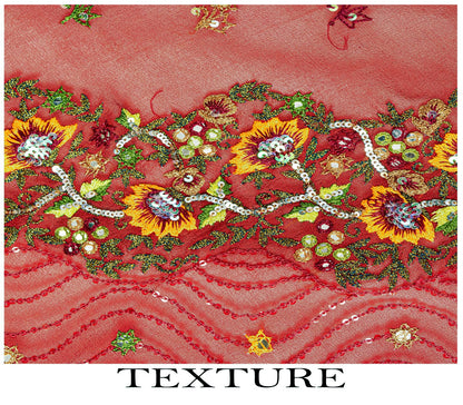 Sanskriti Vintage Red Pure Georgette Silk Dupatta Stole Thread Embroidered Veil