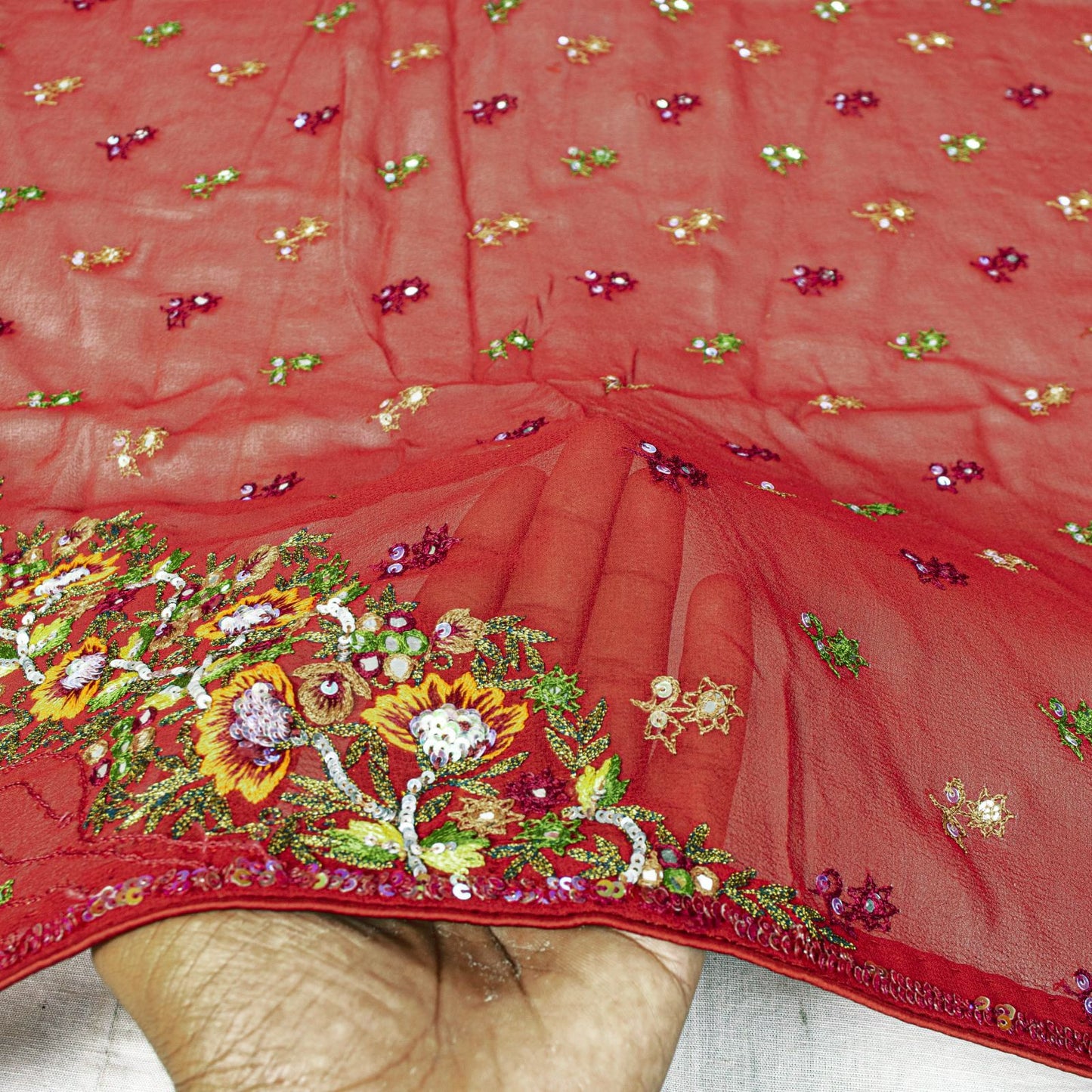 Sanskriti Vintage Red Pure Georgette Silk Dupatta Stole Thread Embroidered Veil